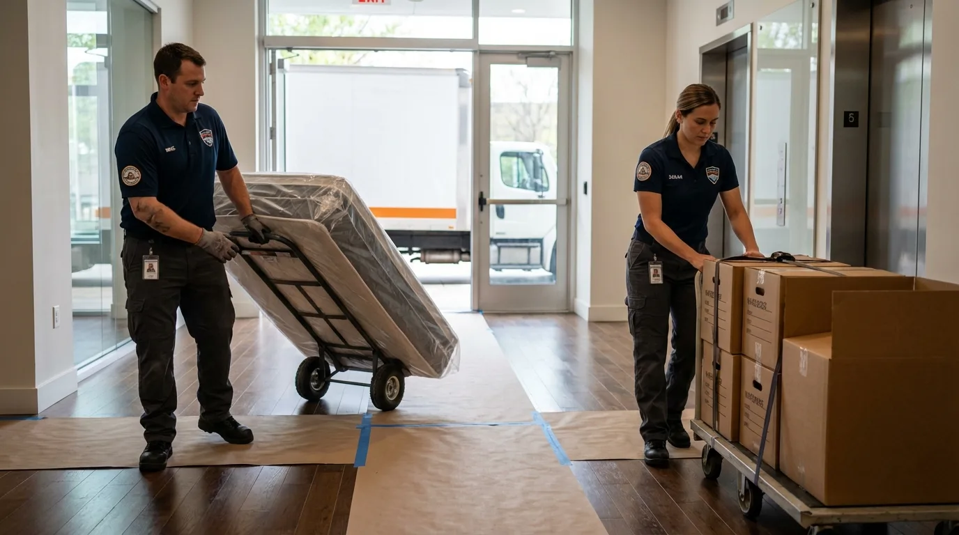 Professional apartment movers loading elevator in Ashland City, TN