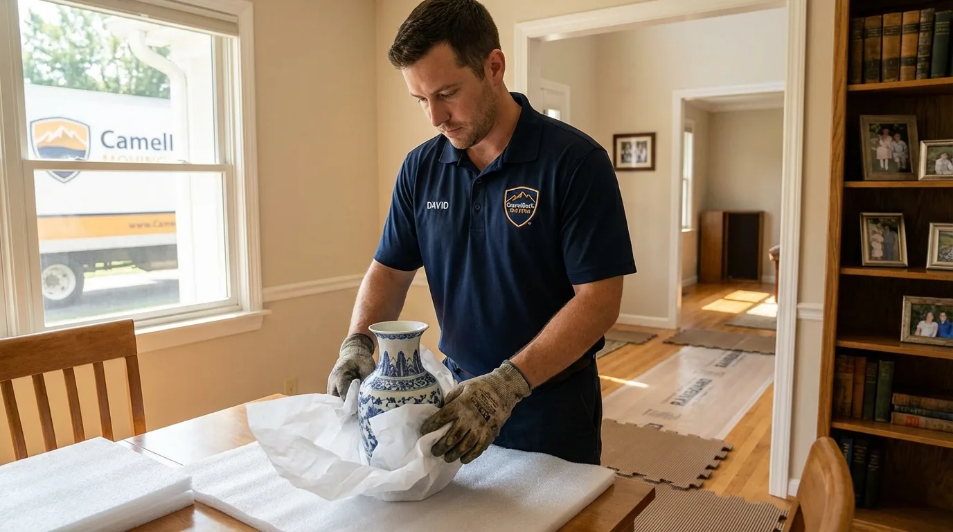 Professional crew carefully wrapping antique vase for senior downsizing move in Ashland City, TN